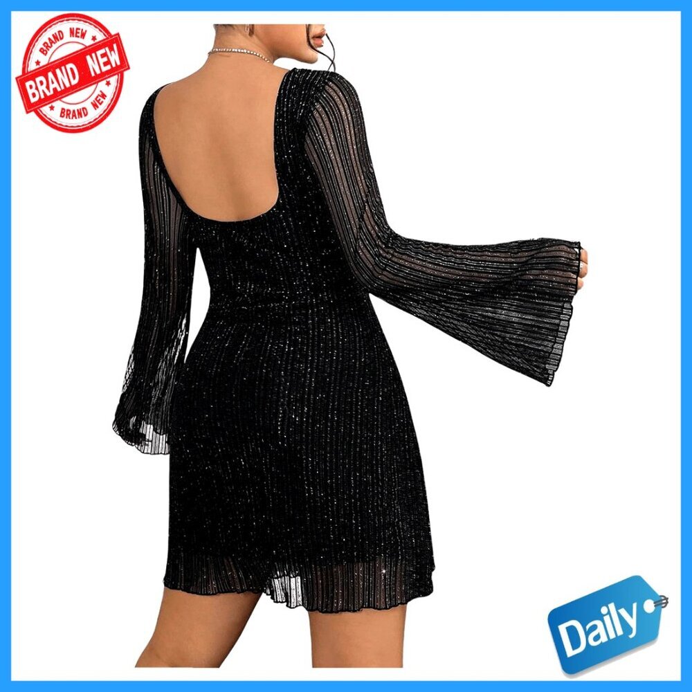 Sequin Backless Bell Sleeve Mesh Bodycon Mini Dress Plus Size Party Wear